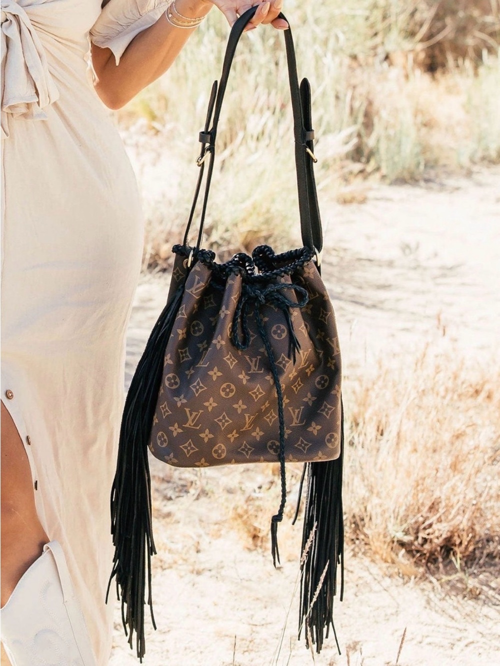 Monogram Drawstring Bucket Bag in Brown and Black with Original Dustbag